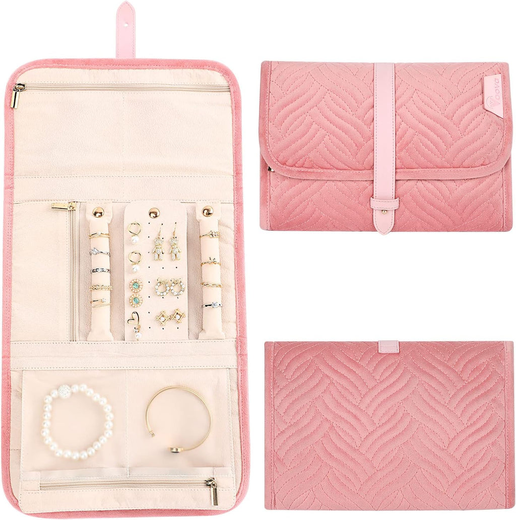 Voova Travel Jewelry Holder Organizer Case, Large Jewelry Storage Bag for Women Girls, Foldable Traveling Jewellery Pouch Roll for Necklaces Rings Earrings Bracelets, Pink