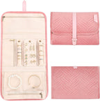 Voova Travel Jewelry Holder Organizer Case, Large Jewelry Storage Bag for Women Girls, Foldable Traveling Jewellery Pouch Roll for Necklaces Rings Earrings Bracelets, Pink