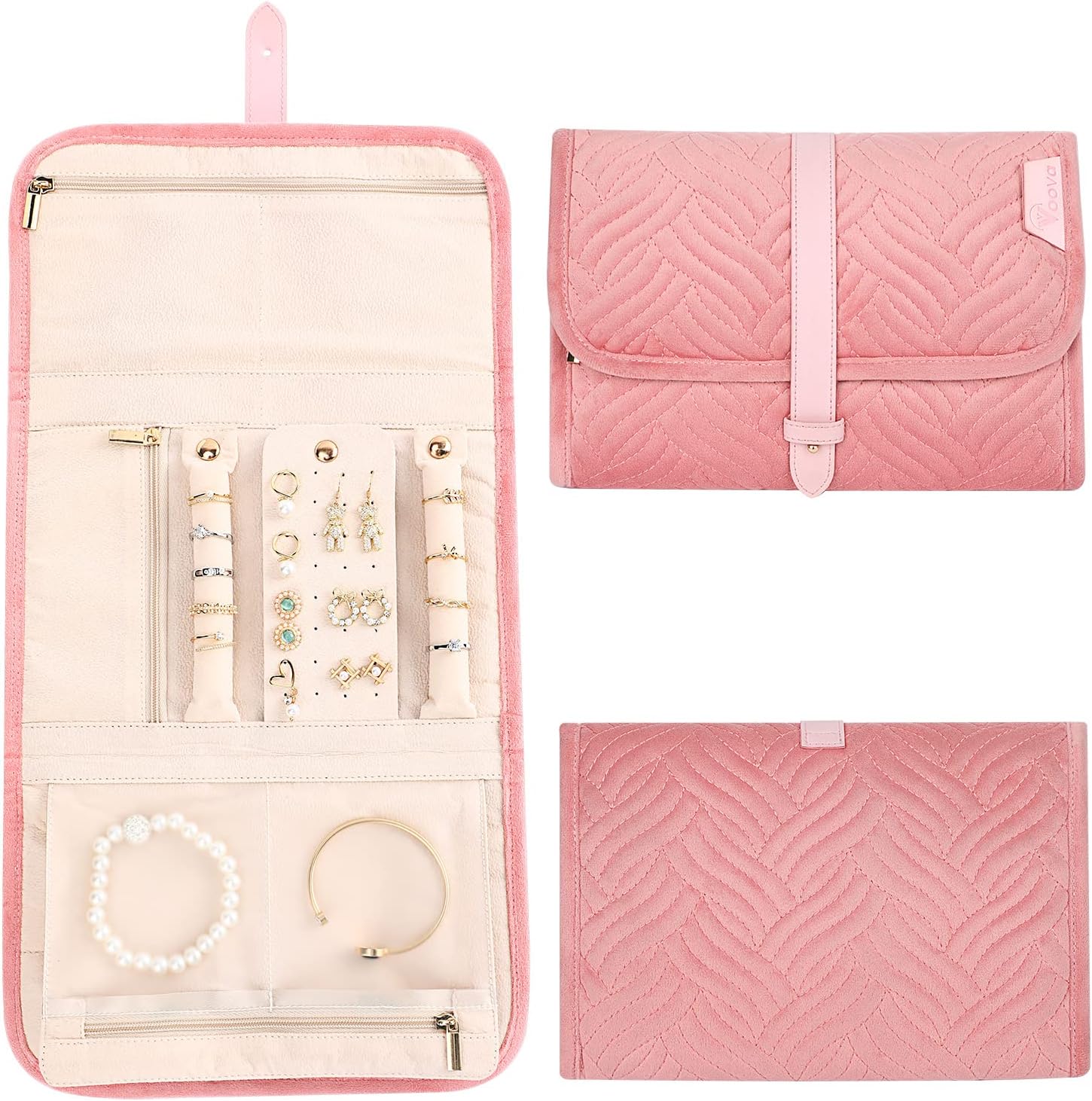 Voova Travel Jewelry Holder Organizer Case, Large Jewelry Storage Bag for Women Girls, Foldable Traveling Jewellery Pouch Roll for Necklaces Rings Earrings Bracelets, Pink