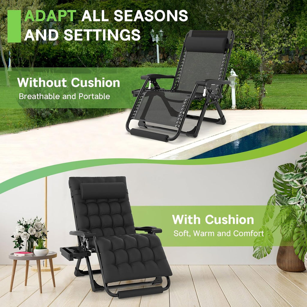 Oversized Zero Gravity Chair, 33In XXL 500LBS with Cushion | Anti Gravity Recliner Lounge Chair with Aluminum Alloy Lock & Footrest, 90-170° Adjustable, for Lawn Patio Indoor Outdoor