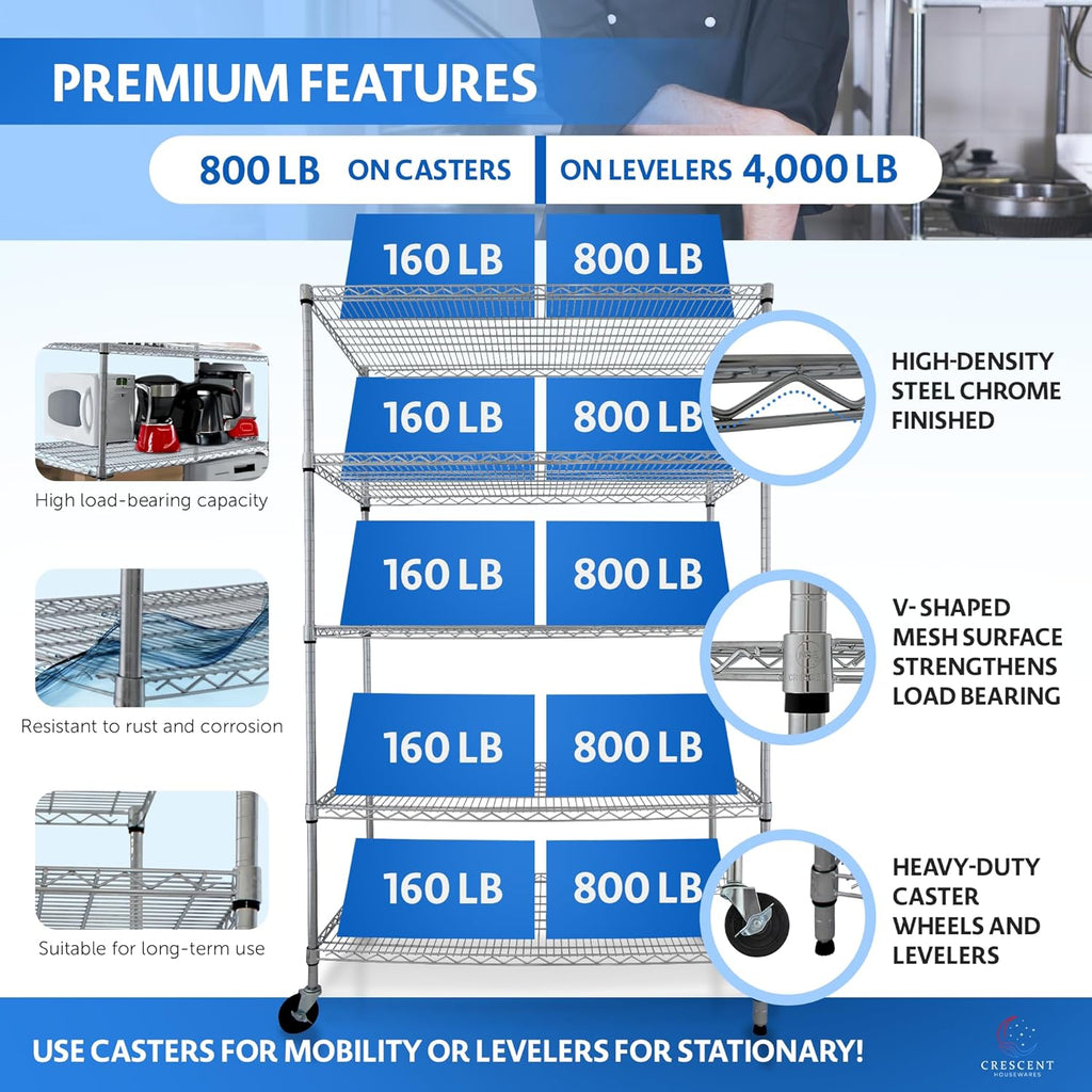 4000 LBS Heavy Duty Wire Rack 48 x 24 x 76, 5-Tier NSF Commercial Rolling Rack with Wheels, Chrome Metal Shelving Unit for Garage, Kitchen, Warehouse, Adjustable Storage Shelf, Crescent