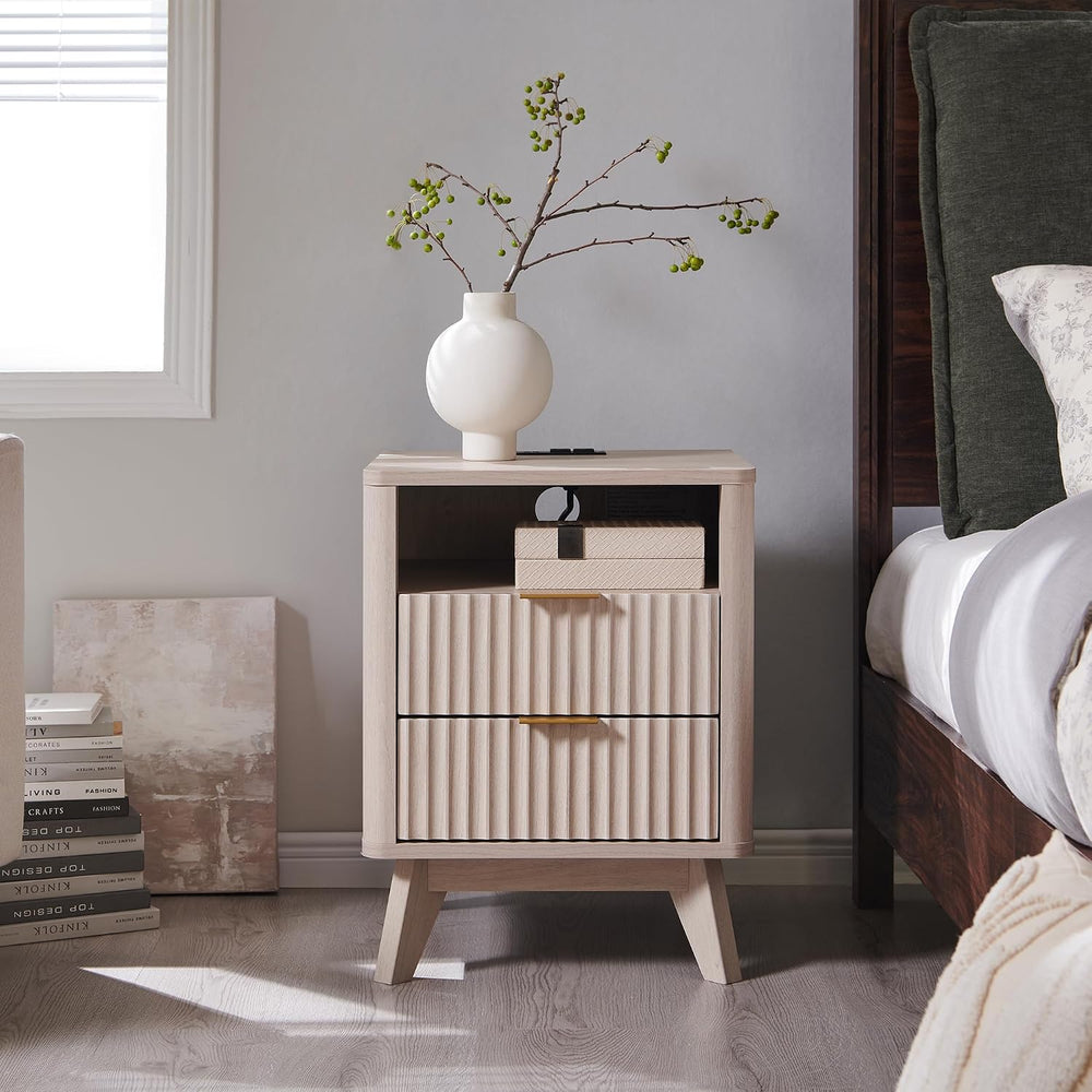 T4TREAM 18" Fluted Nightstand with 2 Drawers Set of 2, White Alder | Cha...