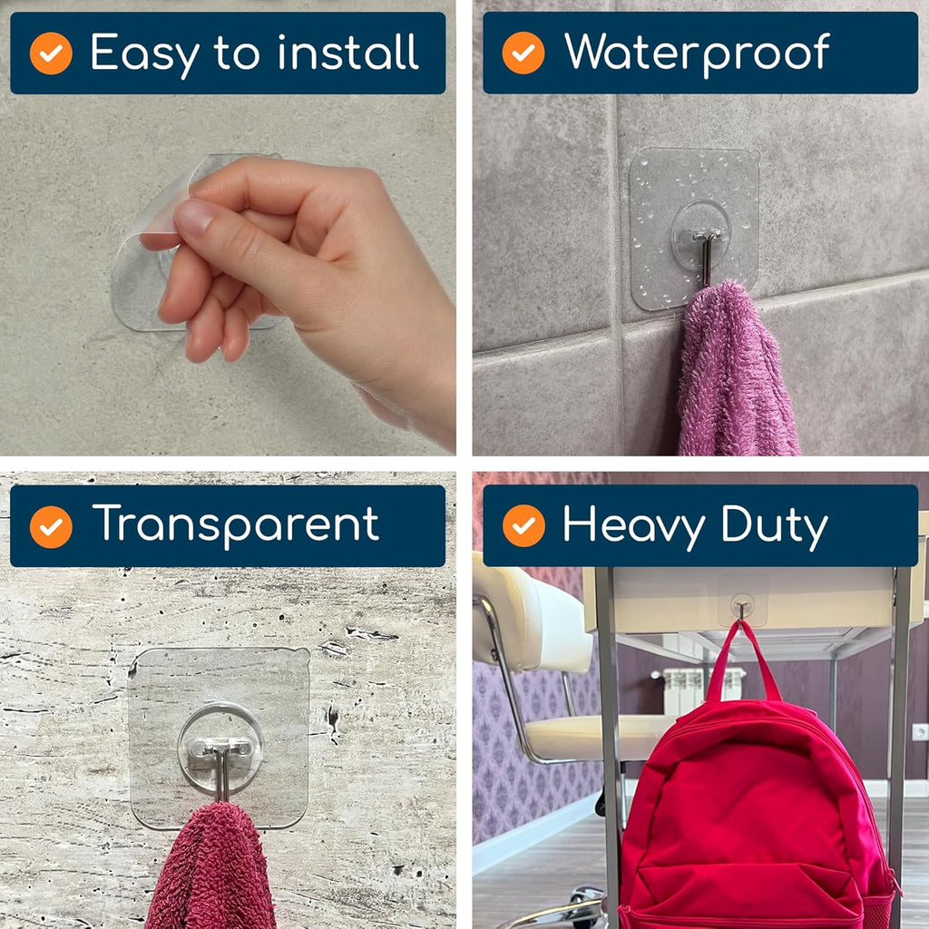 GLUIT Adhesive Wall Hooks for Hanging Heavy Duty 22 lbs Hooks for Walls No Damage, Towel Sticky Clear Hooks, Waterproof, Home, Bathroom, Kitchen, Office, and Outdoor 20 Pack