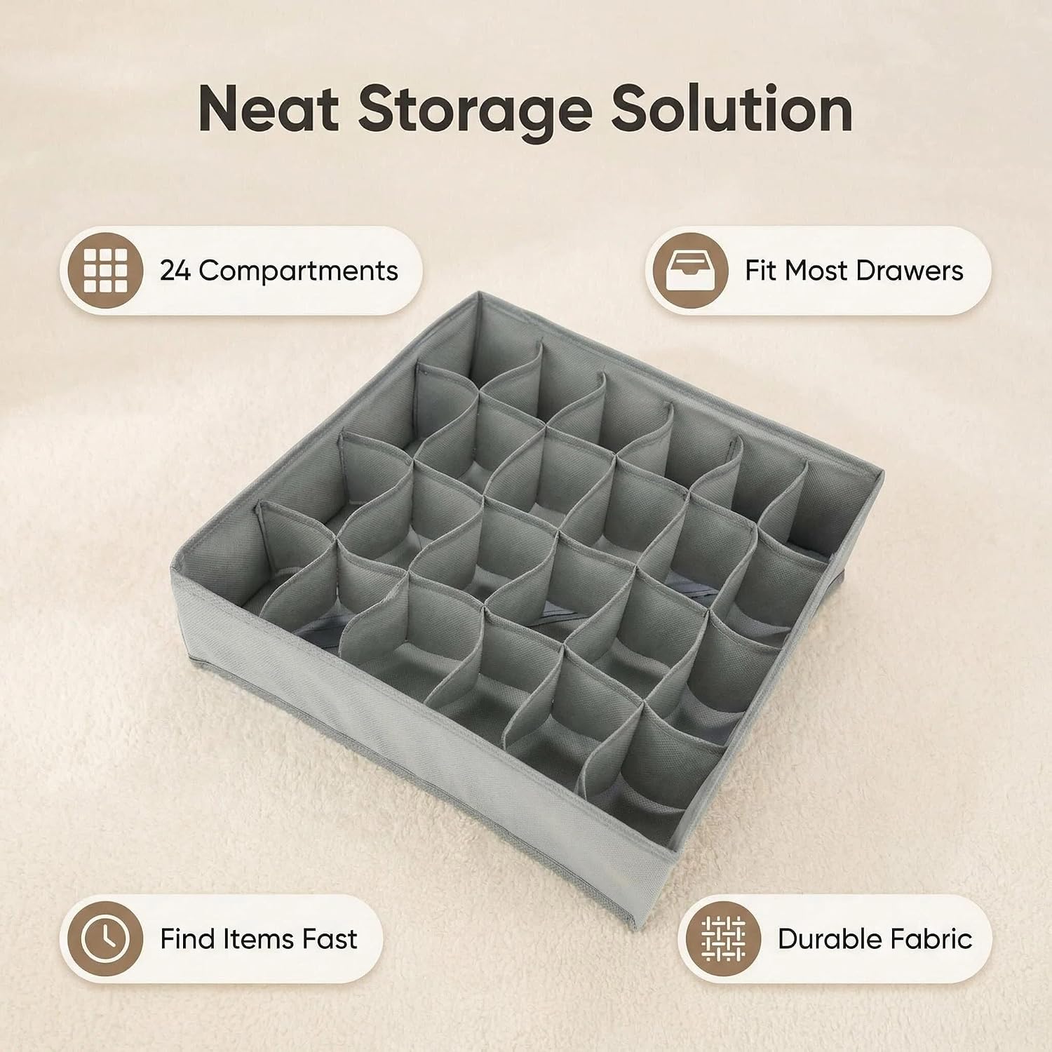 Underwear Sock Organizer, 24-Cell Foldable Drawer Divider & Closet Storage Box with Zipper, Strong Fabric for Underwear, Bras, Accessories, Wardrobe & Travel (Grey)