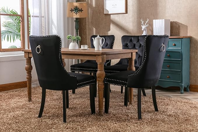 Velvet Dining Chairs Set of 2, Tufted Upholstered Dining Room Chairs with Back Ring Pull, Nailhead Trim and Solid Wood Legs, Modern Dining Chairs for Dining Room, Kitchen(Black)