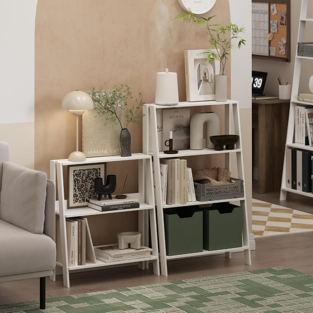 Furinno Ladder Shelf, 3-Tier Ladder Book Shelf, Bookcase, White | Storage Shelves, Storage Rack, for Organization and Storage, Living Room, Home Office