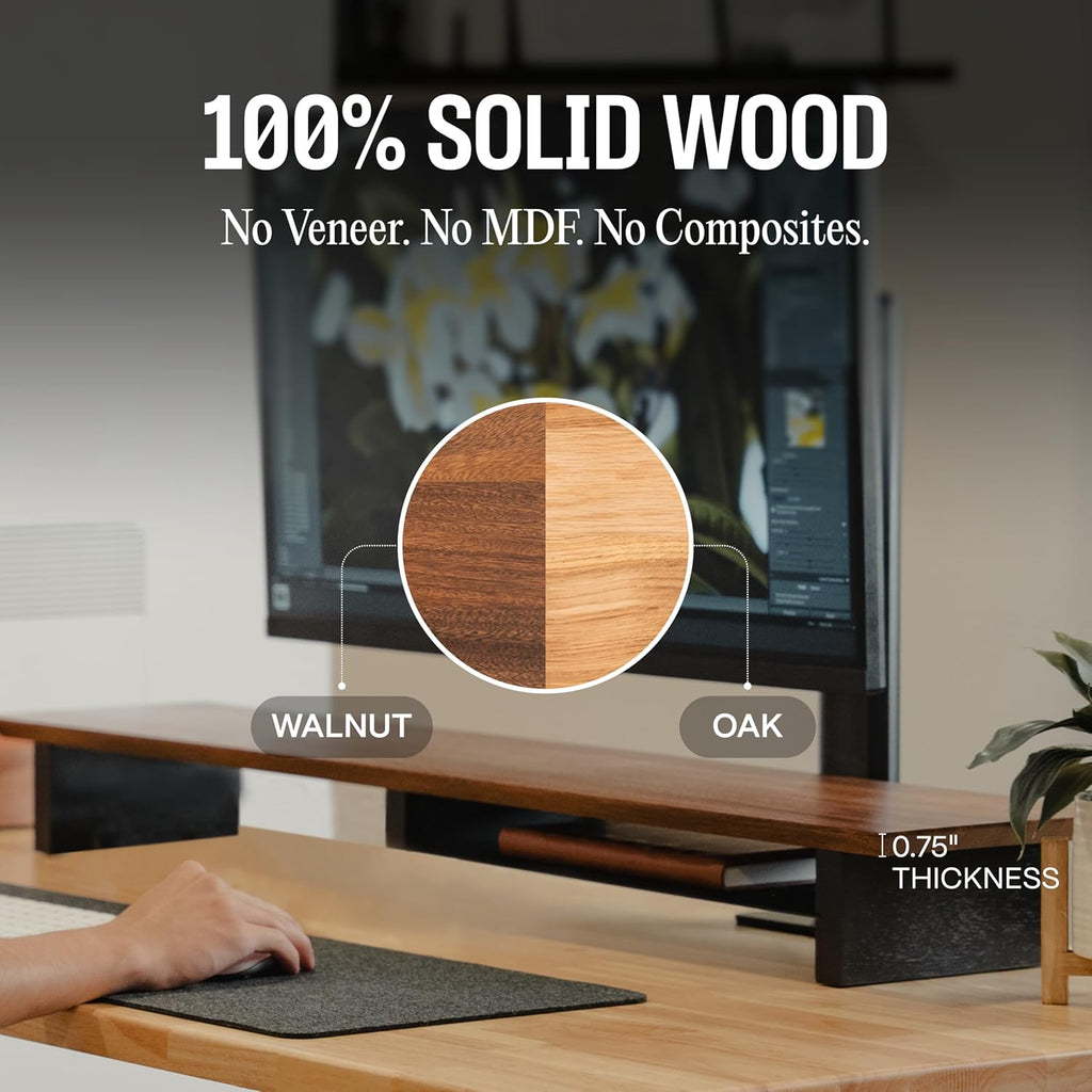 Solid Wood Dual Monitor Stand Riser – 43" Oak Desk Shelf for 2 Monitors with Tray & Wool Felt, Organizer for Desktop, Laptop and Office (Solid Oak)