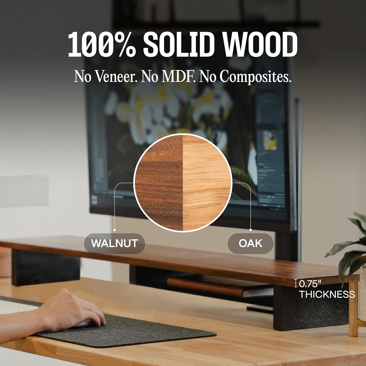 Solid Wood Dual Monitor Stand Riser – 43" Oak Desk Shelf for 2 Monitors with Tray & Wool Felt, Organizer for Desktop, Laptop and Office (Solid Oak)