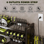 Power Tool Organizer Wall Mount with Charging Station 4 Layer 6 Slot Cordless Drill Holder with Angle Grinder Holder (Black)