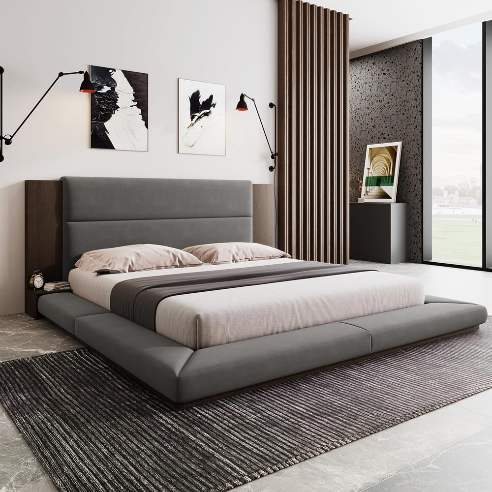 VilroCaz Modern King Size Upholstered Grounded Bed, Velvet Fabric Floor Uphol...