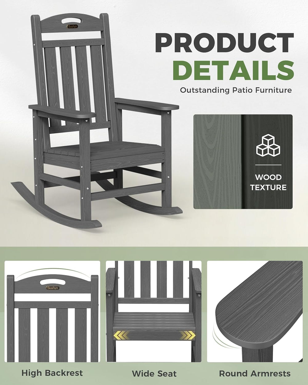 Oversized Outdoor Rocking Chair, HDPE All Weather Resistant Patio Rocking Cha...
