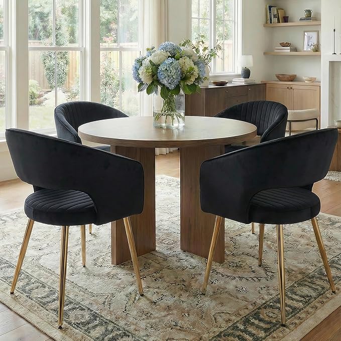 Black and Gold Velvet Dining Chairs, Modern Dining Room Chairs with Arms Set of 4 Upholstered Accent Chair Armchair with Barrel Back for Kitchen Living Room
