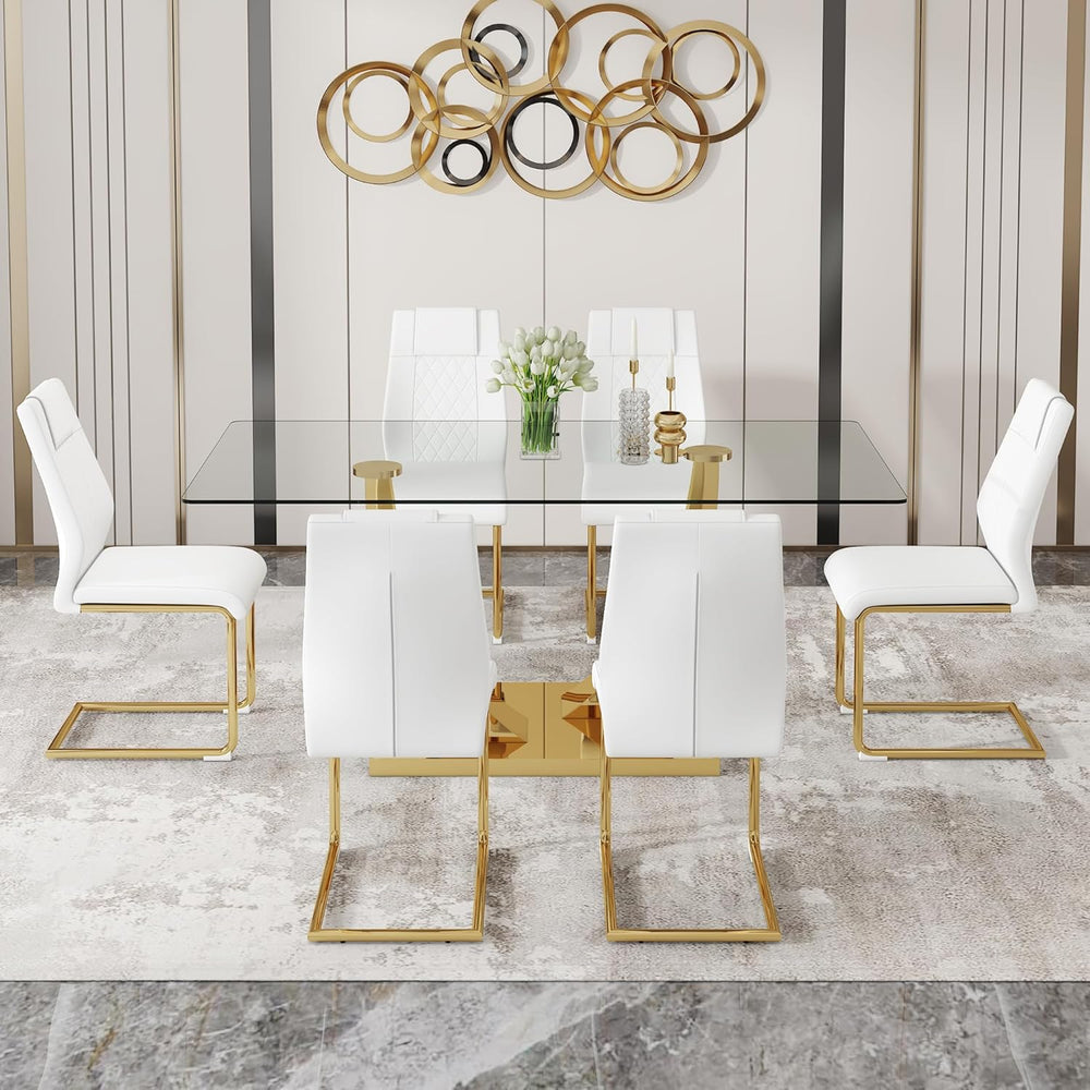 Glass Dining Table Set for 6, Modern Kitchen Table Set for 6, 71" Temper...