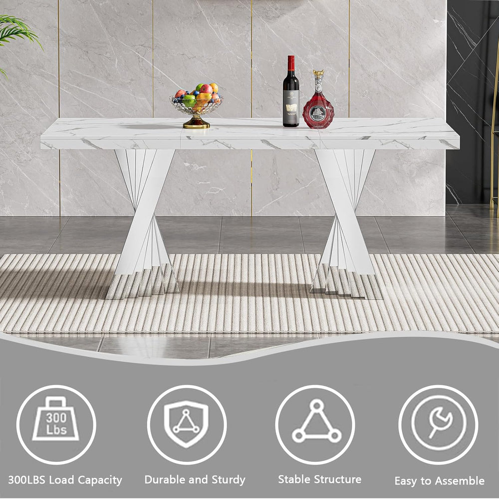 70" Faux Marble White Dining Table for 6, Modern Dining Room Table with ...