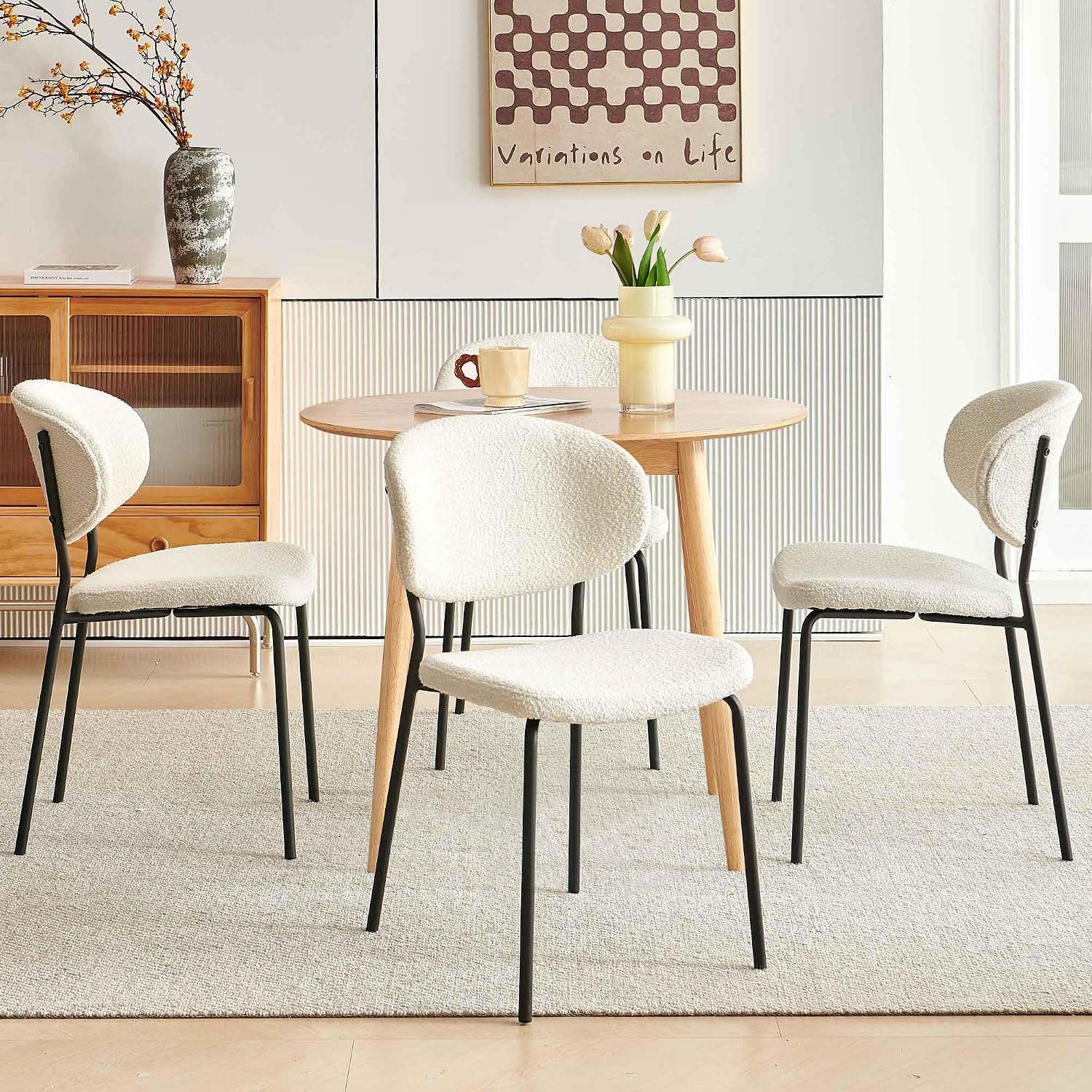 35'' Round Dining Table Set for 4 with Chairs, Mid Century Modern Round Kitchen Table and Chairs Set for Small Space, Compact Dining Table for Apartment Breakfast Nook - White