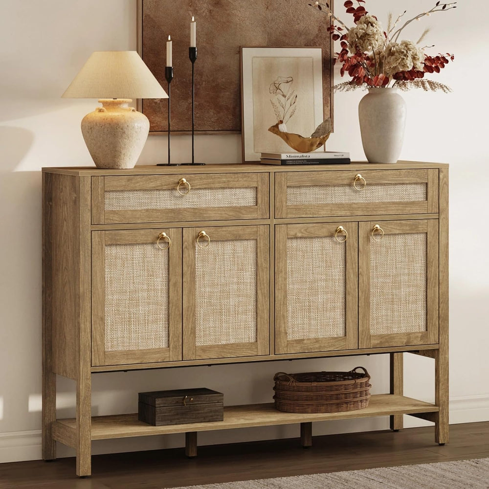 SICOTAS Rattan Sideboard Buffet Cabinet with Open Storage - Large Farmhouse C...