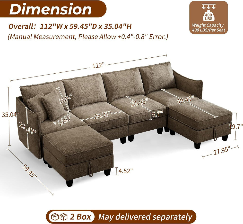 WorthFurni 112" Modular Sectional Sofa U Shape Couches with Storage Otto...