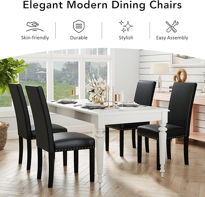 LSSPAID Dining Chairs Set of 2, PU Leather Upholstered Dining Room Chairs with Nailhead Trim and Solid Wood Legs for Home and Kitchen, Black