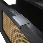 Sango Orre 2-Drawer Nightstand, Modern Black Bedside Table with Synthetic Rattan Drawer Panels, Cylindrical Wood Legs, Discreet Finger Pulls, Smart Storage for Living Room or Office Room
