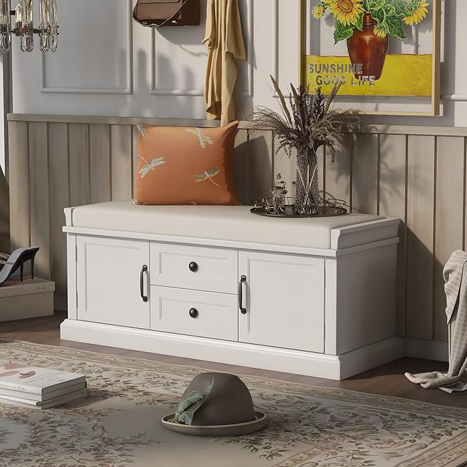 42″ Storage Bench with 2 Drawers and 2 Cabinets，Multipurpose Entryway Shoe Rack W/Removable Cushion，for Living Room Hallway Porch,White