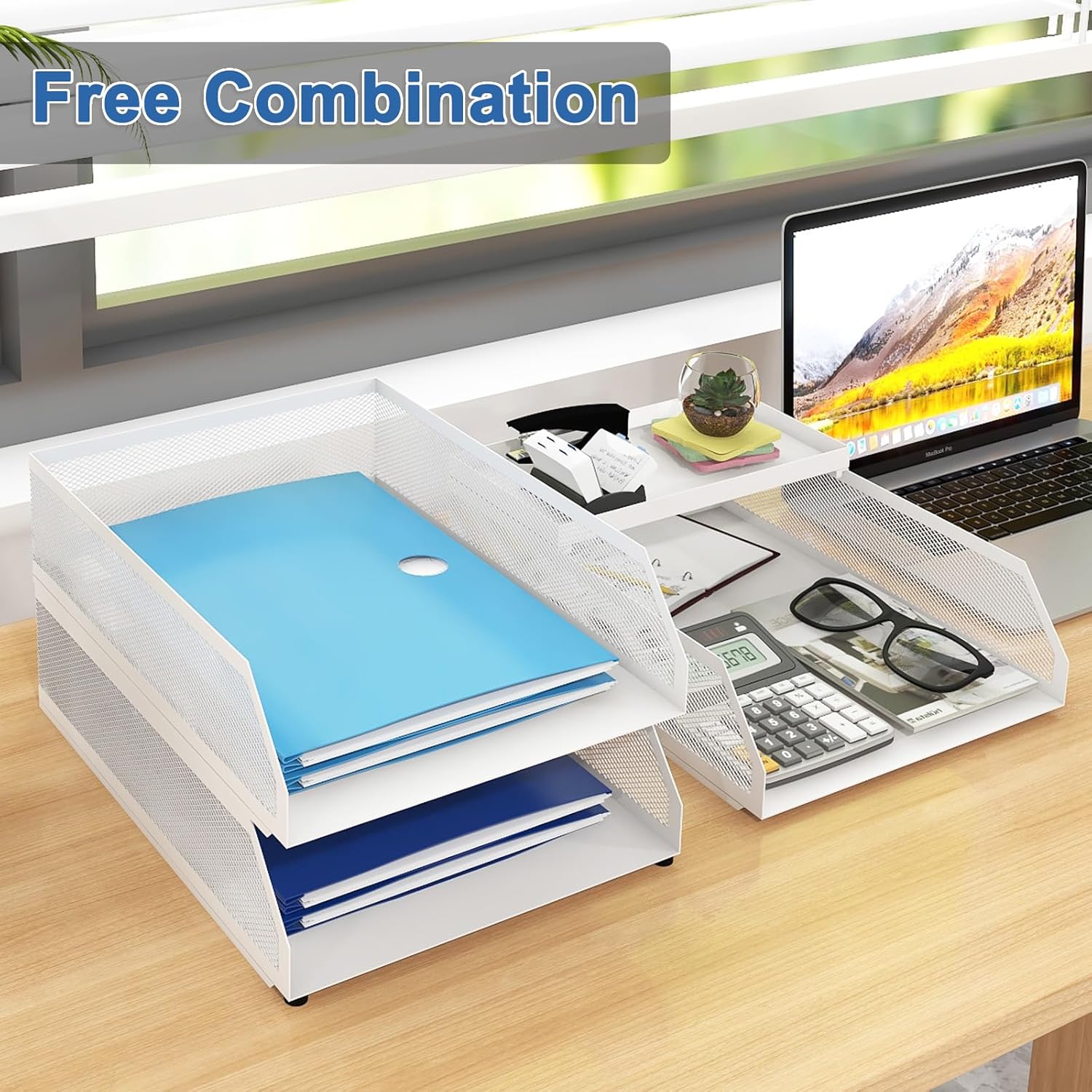 Natwind 3-Tier Stackable Paper Tray, Metal Mesh Desktop Organizer, Paper Sorter, Letter Trays,File Document Storage Rack for for Home, Office, School (White)
