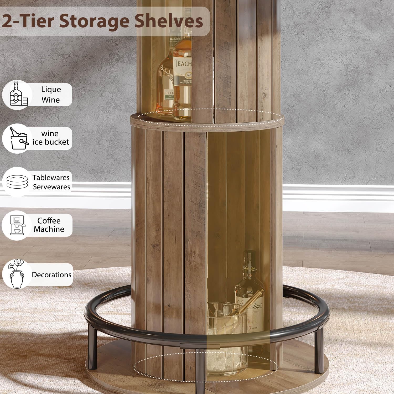 HSH 39.37" H Round Bar Table with Storage and Metal Ring Footrest, Rustic | Modern Bar Height Pub Table With 2 Tier Storage, Space-Saving Design, For Kitchen, Coffee Bars And Small Spaces, Table Only
