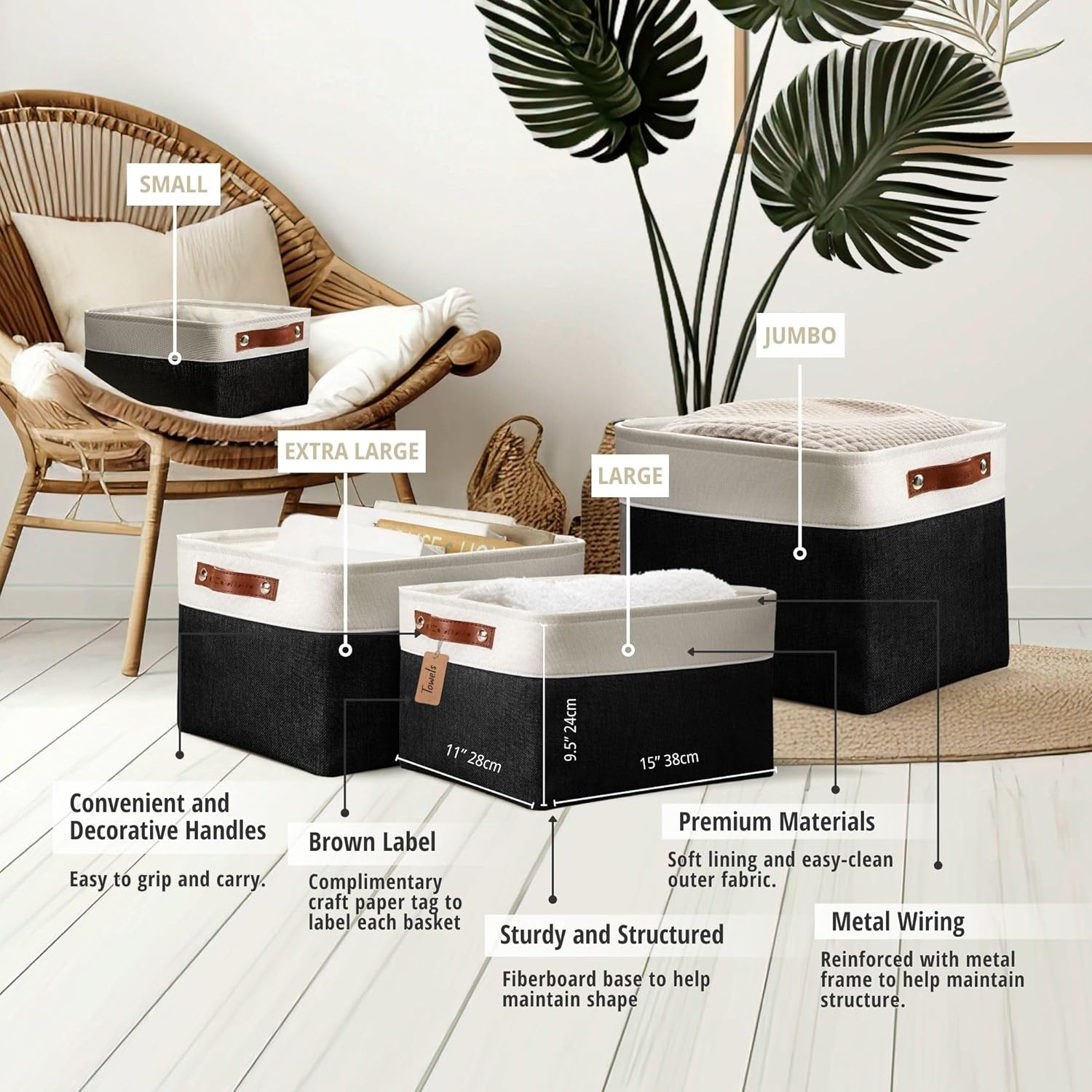 DECOMOMO Storage Baskets for Shelves - Fabric Storage Bins, Linen Closet Organizers and Storage (Black & White, XL - 3 Pack)