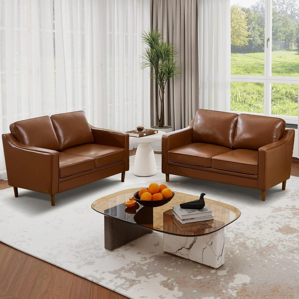 60" Faux Leather Sofa, Loveseat Couch, Mid Century Modern Love Seat Couches with Solid Wood Frame for Living Room Bedroom