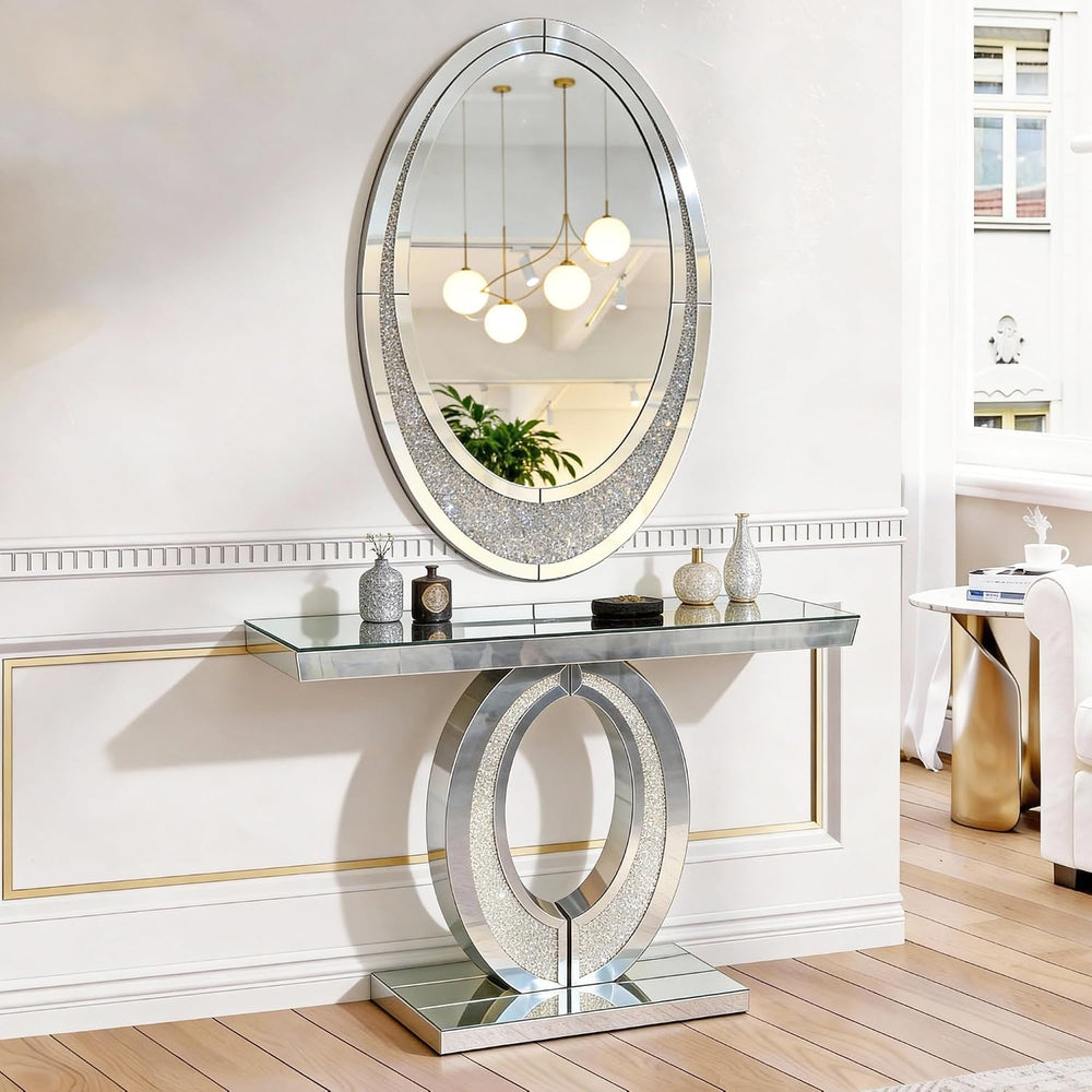 Silver Mirrored Console Table with Crushed Diamond lnlay, 39.5" Modern R...