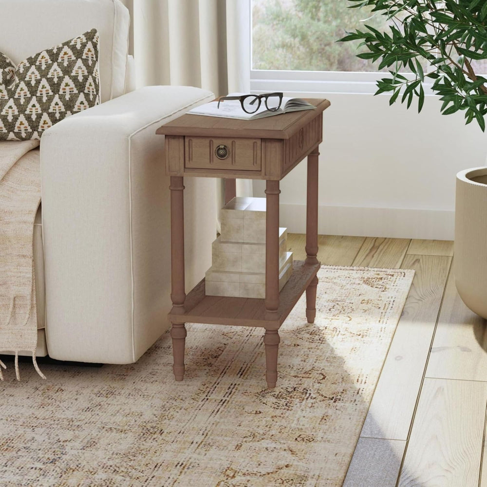 East at Main Narrow End Table with Drawer & Shelf, Solid Wood Slim Side T...