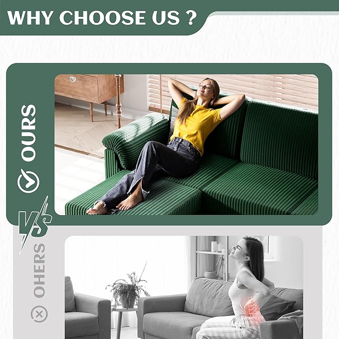 Vongrasig Convertible Sectional Couch, 3 Seat L Shaped Sofa with Removable Pillows Linen Fabric Small Modern Couch Mid Century for Living Room, Apartment and Office, Green