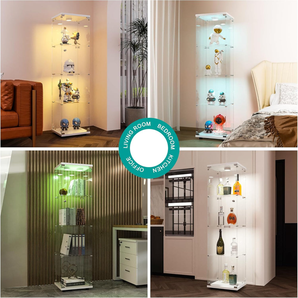 FANYUSHOW Display Cabinet with Glass Door and LED Light, 4-Tier Tempered Glas...