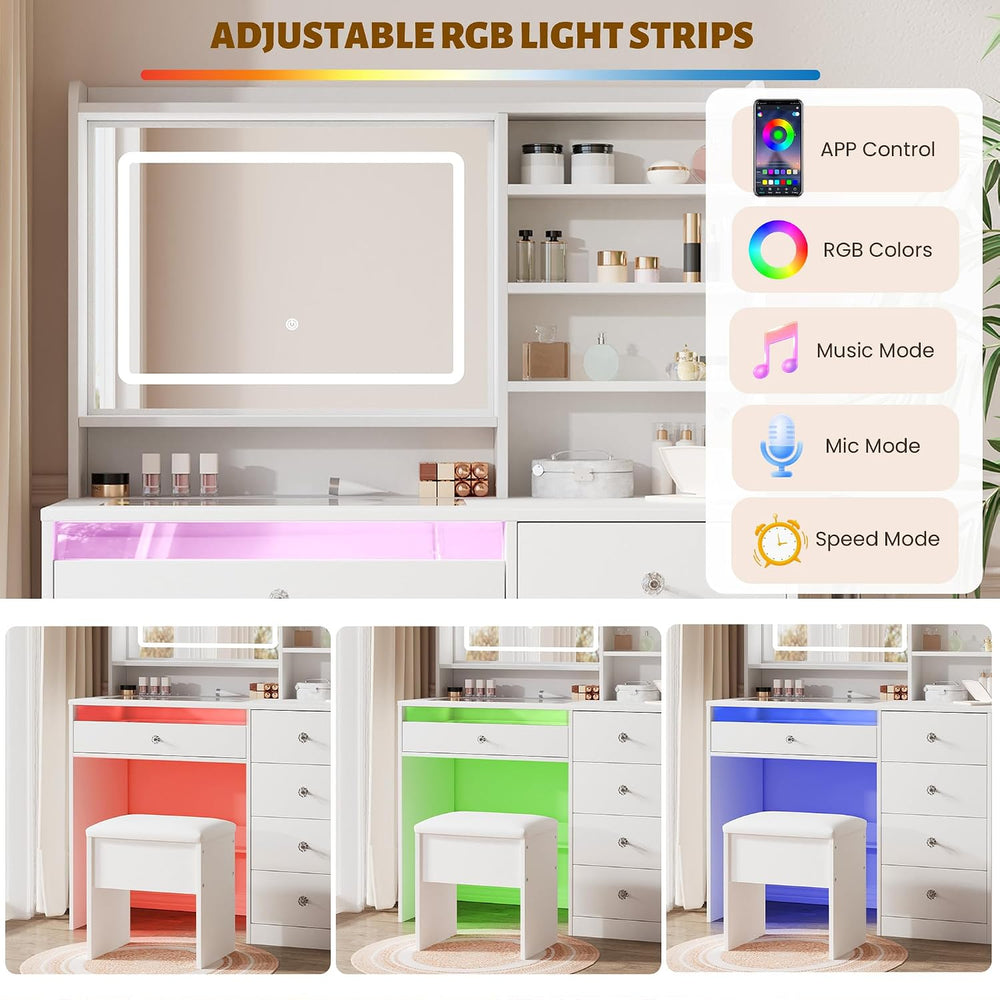LIVELYGLOW 39.4" White Vanity Desk Set with Glass Desktop & RGB Ligh...