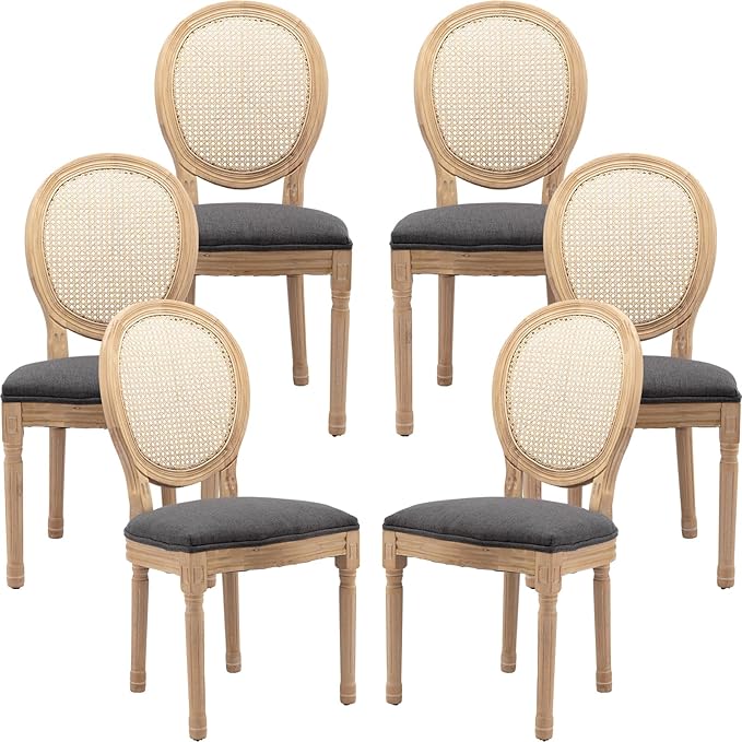 French Country Dining Chairs Set of 6, Gray Kitchen & Dining Room Chairs Set of 6, Rattan Dining Chairs, Cane Back, Wood Legs, Sillas De Comedor (Rattan, Grey, 6Pcs)