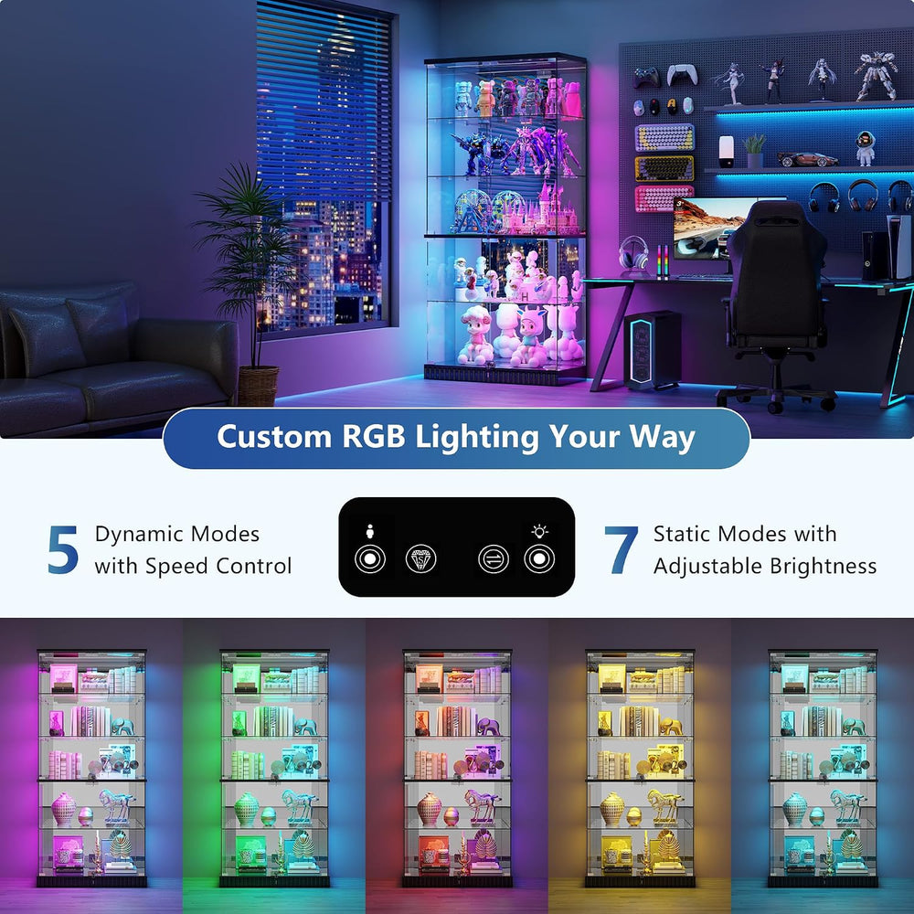 Lvifur Full Deep Glass Display Cabinet with RGB Lights and Lock, Black