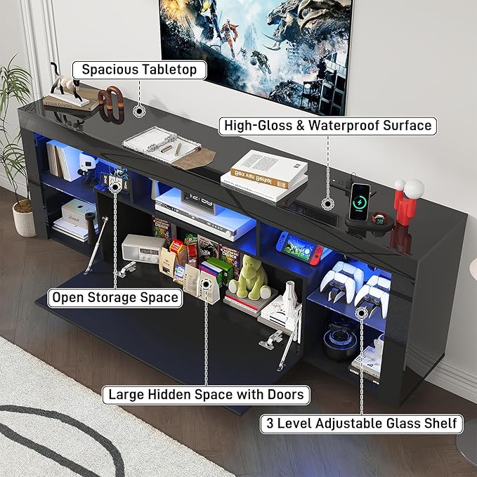 71" Floating High Gloss LED TV Stand for up to 85" TVs, Wall-Mounted Entertainment Center, Modern Media Console w/USB Outlets, Open Adjustable Glass Shelf&Hidden Storage Cabinet, Black