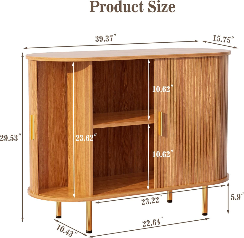 DHH Sideboard Buffet Cabinet with Storage,Mid Century Modern Fluted Accent Coffee Bar Console Table,Tambour Sliding Doors& Adjustable Shelf for Kitchen, Living Room, Entryway (Yellow walnut40 Inch)