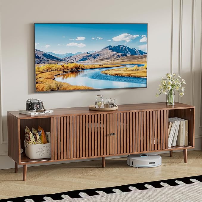 Mid Century Modern TV Stand for Televisions up to 70 Inches, with Sliding Doors and Storage, Television Stands, TV Consoles, Media Consoles for Living Room(Walnut-70inch)