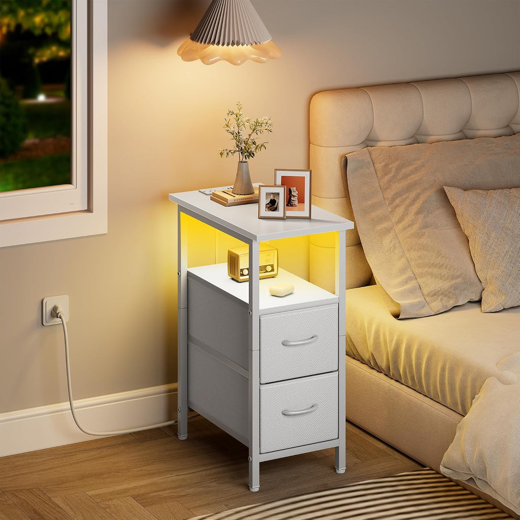 Vagusicc White Nightstand with Charging Station and LED Lights, Narrow Side Table, LED Night Stand with 2 Fabric Drawers, Bedside Table with USB Ports and Outlets, Tall Nightstand for Bedroom, White