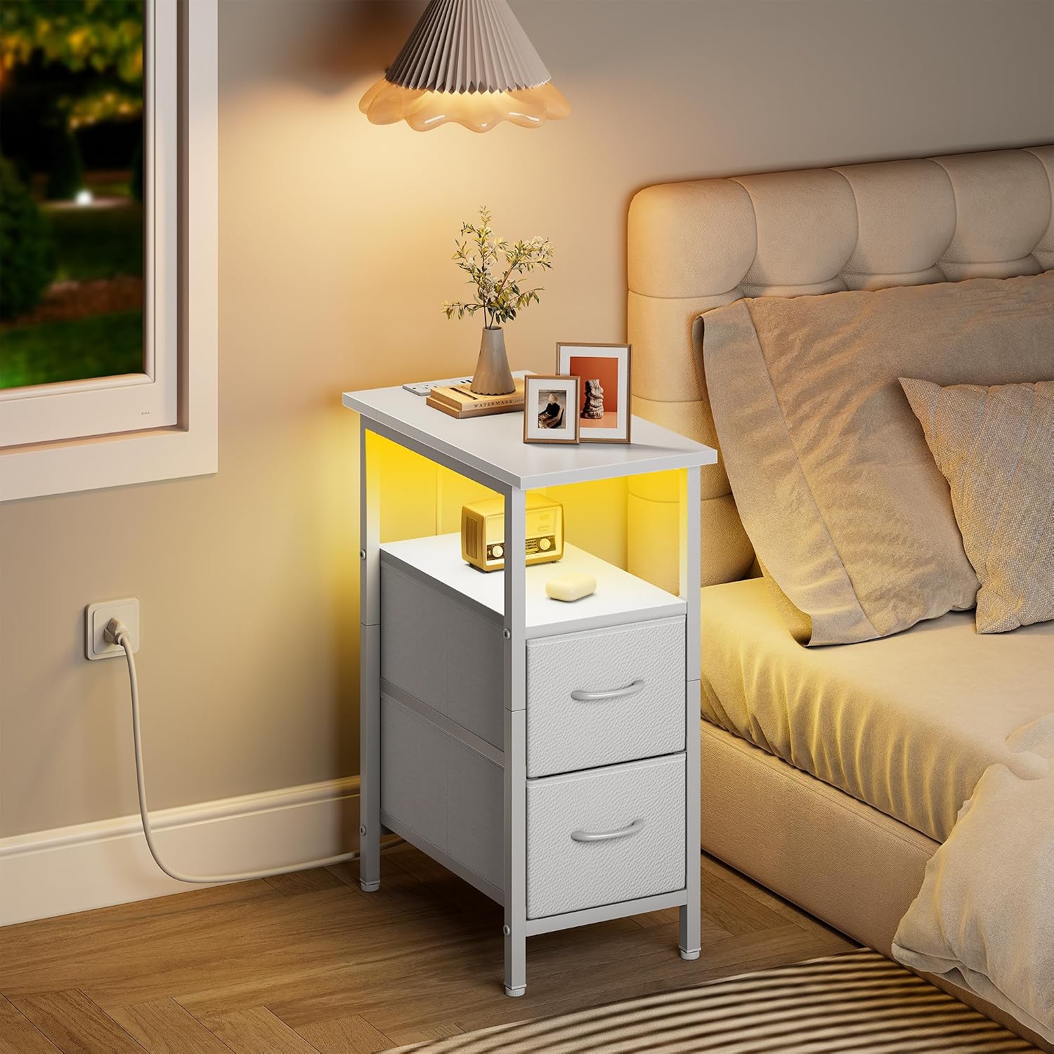 Vagusicc White Nightstand with Charging Station and LED Lights, Narrow Side Table, LED Night Stand with 2 Fabric Drawers, Bedside Table with USB Ports and Outlets, Tall Nightstand for Bedroom, White