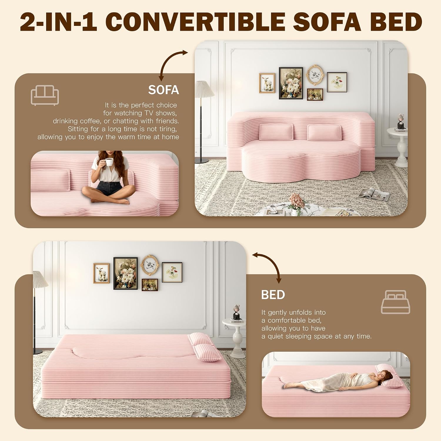 Convertible Folding Sofa Bed, 2-in-1 Full Size Floor Boneless Couch Bed, Corduroy Loveseat sleeper Couch Floor Sofa, Memory Foam Sleeper SofaBed, Small couches for small spaces, No Assembly, Baby Pink