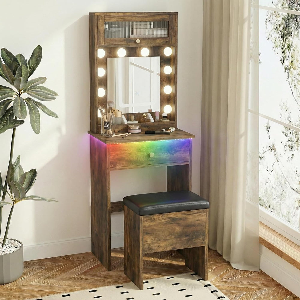 ARTETHYS Small Vanity with Mirror & RGB Light Rustic Makeup Set for Bedro...