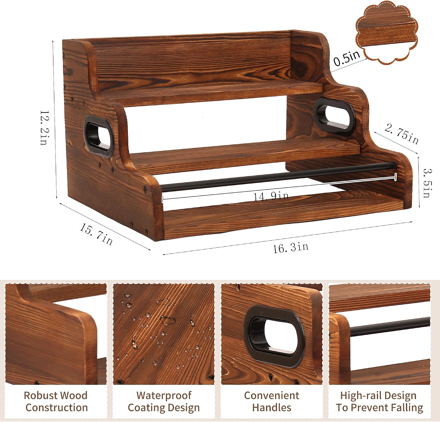 3-Tier Wood Bottle Display Shelf, Countertop Liquor Organizer, Rustic Brown