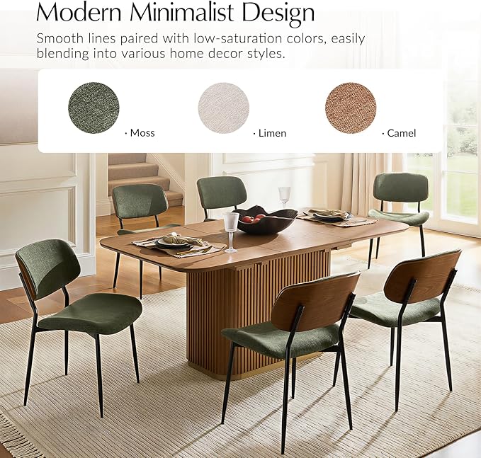 HULALA HOME Dining Chairs Set of 2 Mid-Century Modern Upholstered Kitchen Dining Room Chairs with Wood Curved Backrest, Black Metal Legs Fabric Dinner Chair for Living Room Cafe Restaurant Moss