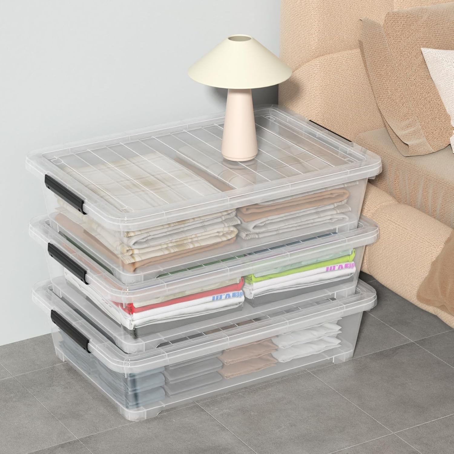 40 L Under Bed Plastic Storage Bins with Lids, Clear Underbed Storage Bin, 3 Pack