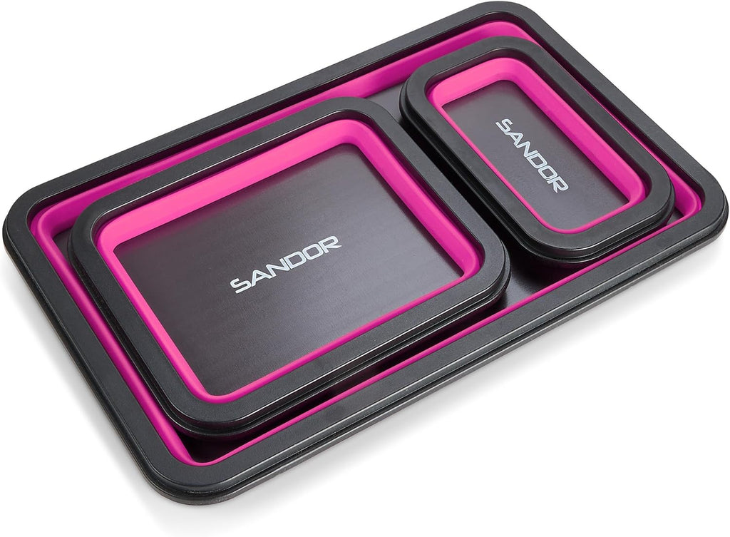 Collapsible Magnetic Parts Tray Set - 3 Different Size Tool Trays for Screw, Bolts, Nuts, Washers, Pins and Other Small Metal Parts, Mechanic Tool Gifts for Men - Pink