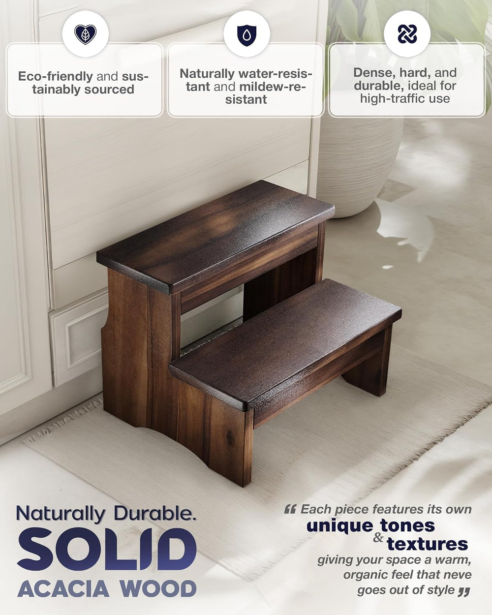 FANATU Wooden Two Step Stool for Adults, Heavy Duty Acacia Wood Bed Step | Co...