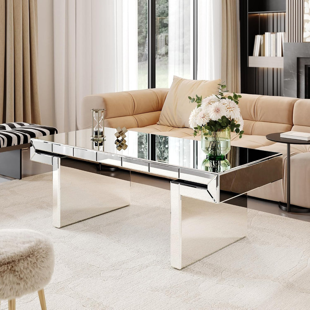 47 Inches Luxury Rectangular Mirror Coffee Table with Tempered Glass, Sofa Si...