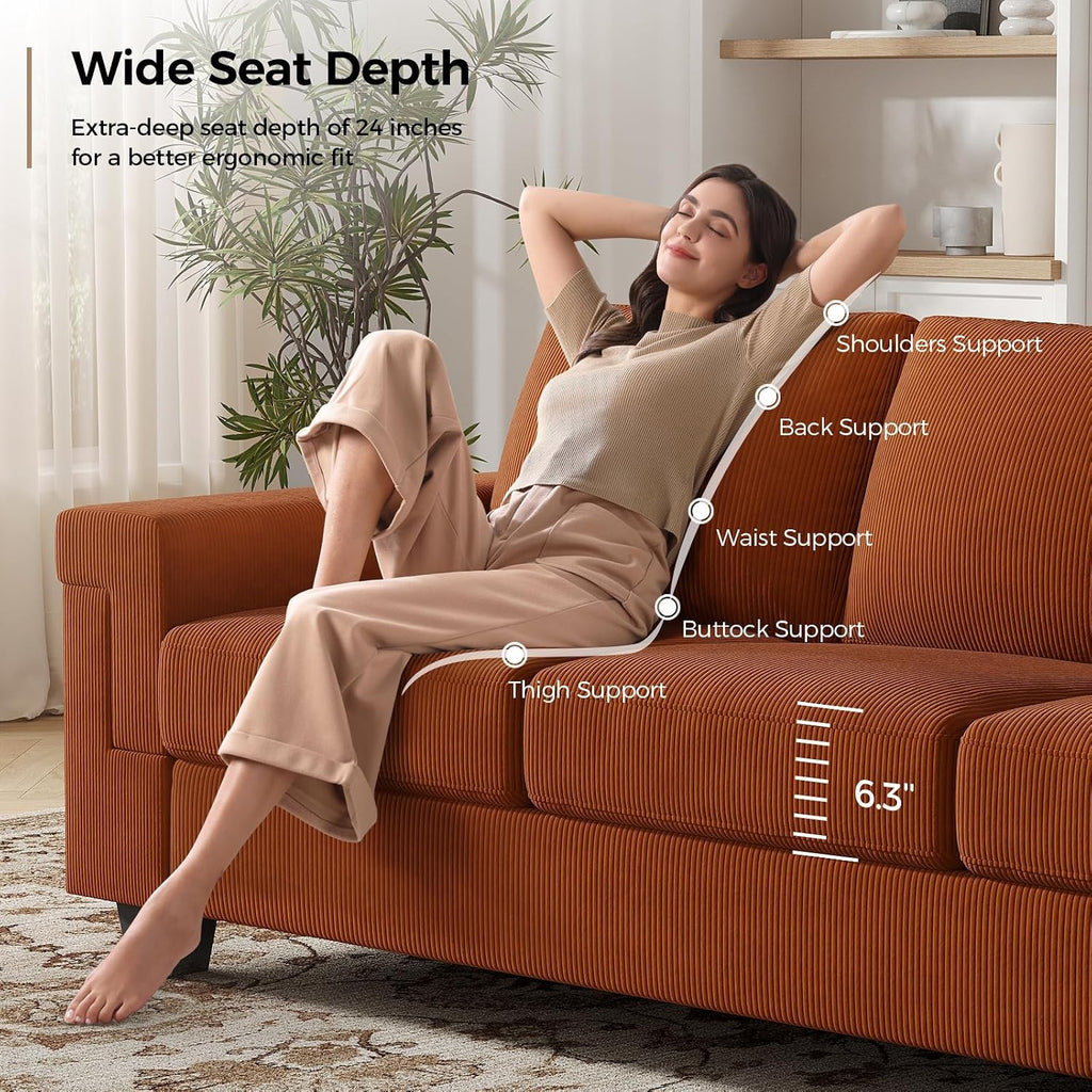 COPIAE 3 Seater Sofa Couch with Deep Seat, 90" Modern Upholstered Sofa with Armrests, Easy Installation, Comfy Couches for Living Room, Apartment,Rust