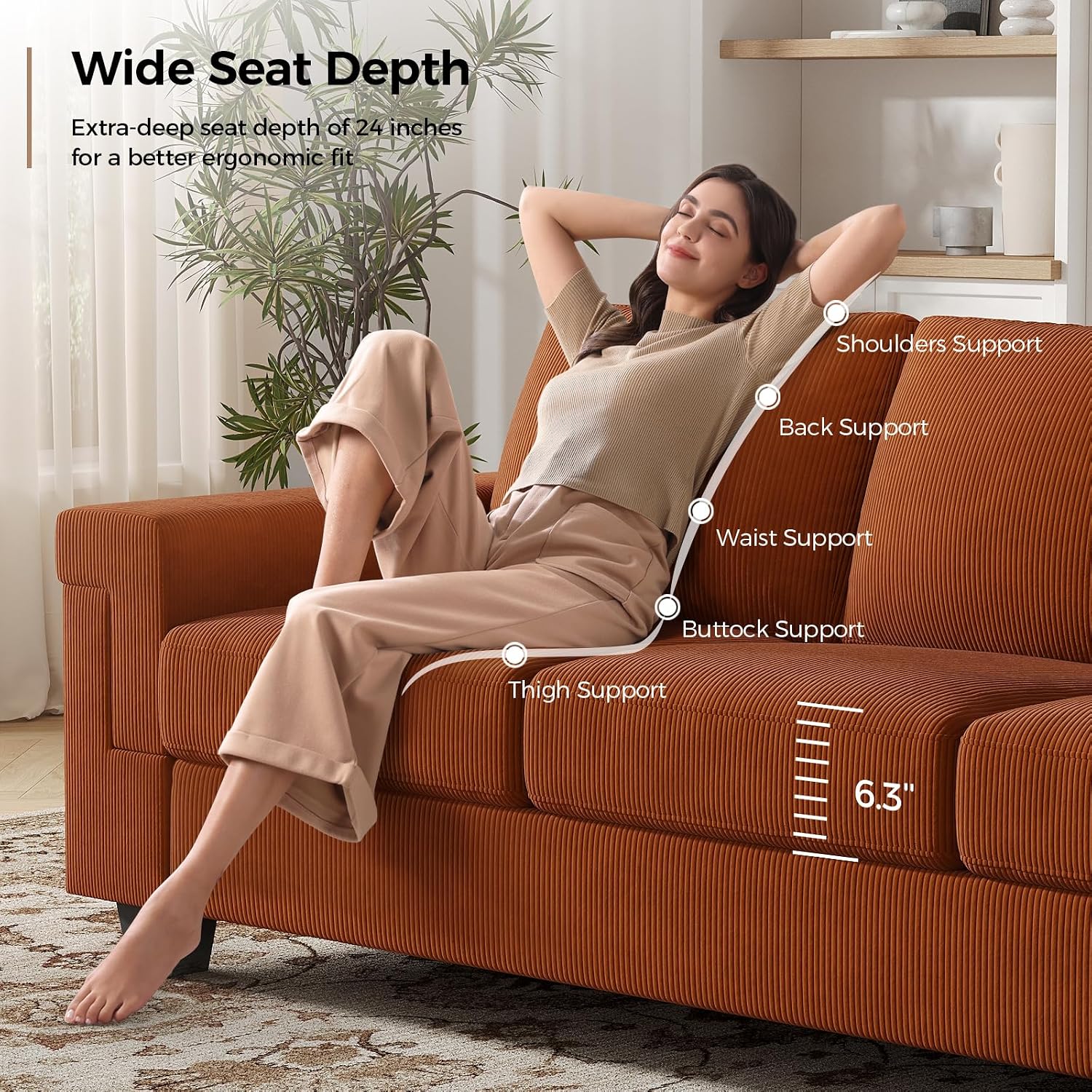 COPIAE 3 Seater Sofa Couch with Deep Seat, 90" Modern Upholstered Sofa with Armrests, Easy Installation, Comfy Couches for Living Room, Apartment,Rust